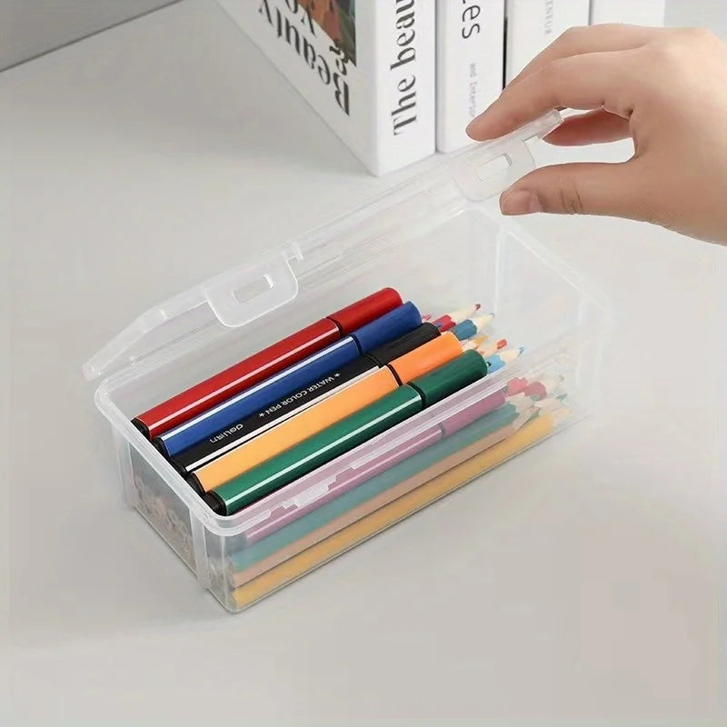 Four large transparent PP storage boxes with safety covers, suitable for office supplies, school supplies, markers and pencils