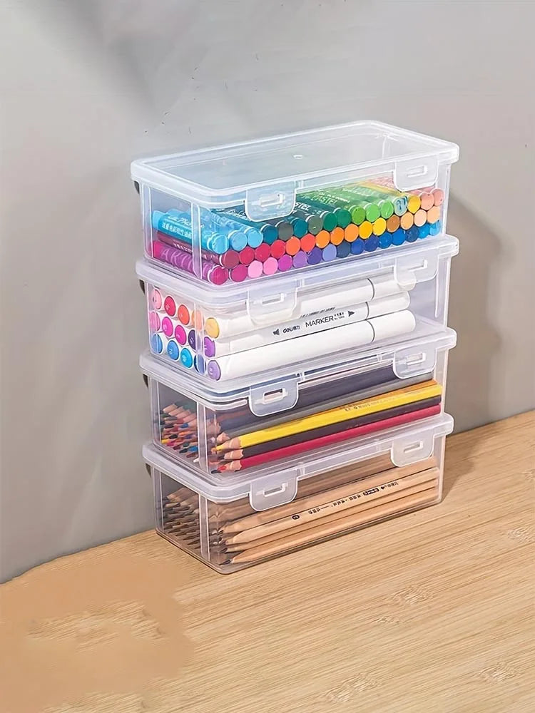 Four large transparent PP storage boxes with safety covers, suitable for office supplies, school supplies, markers and pencils