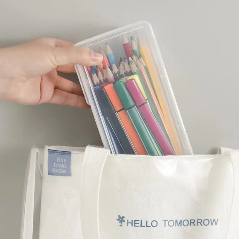 Four large transparent PP storage boxes with safety covers, suitable for office supplies, school supplies, markers and pencils