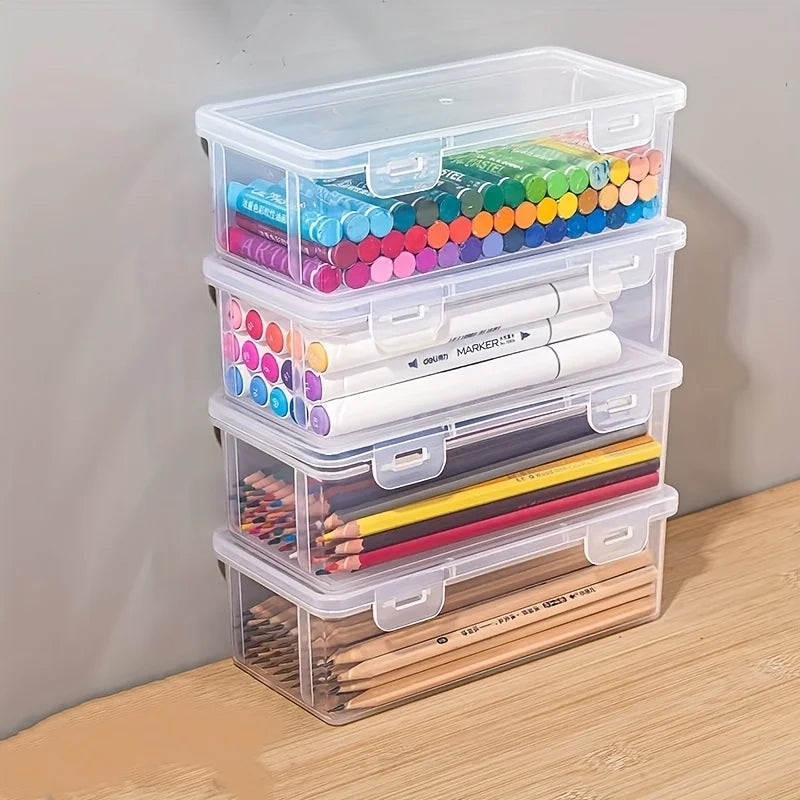 Four large transparent PP storage boxes with safety covers, suitable for office supplies, school supplies, markers and pencils