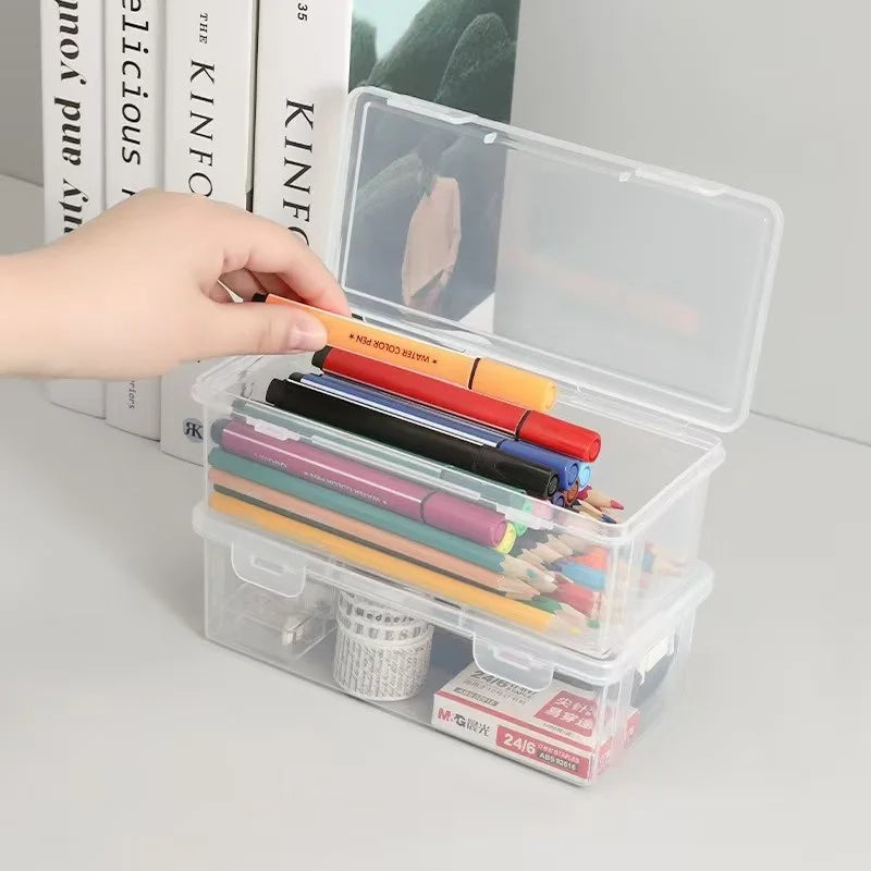 Four large transparent PP storage boxes with safety covers, suitable for office supplies, school supplies, markers and pencils