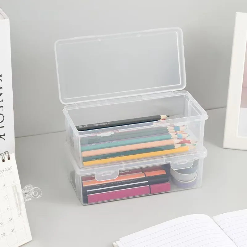 Four large transparent PP storage boxes with safety covers, suitable for office supplies, school supplies, markers and pencils