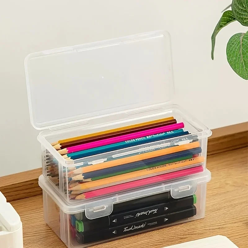 Four large transparent PP storage boxes with safety covers, suitable for office supplies, school supplies, markers and pencils